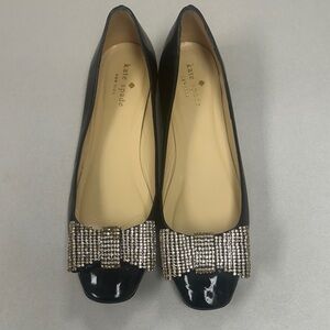 Kate Spade Dina Black Patent Bow Rhinestone Block Heels 7.5B